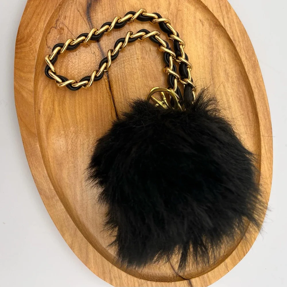 Handmade Faux Fur Pompom Keychain Bag Charm Black Gold Woven Classic Bracelet